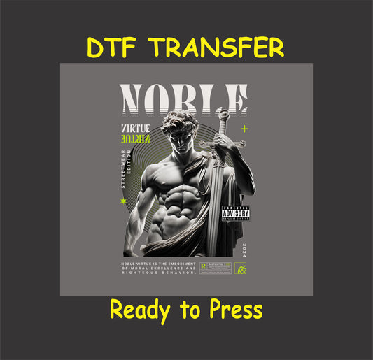 "Noble Virtue DTF Transfer featuring a sculptural design with a sword and bold streetwear elements."