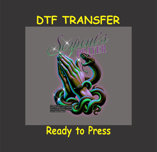 "Serpent's Prayer DTF Transfer with clasped hands and a coiled snake, perfect for bold custom apparel."