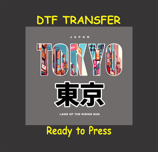 "Tokyo DTF Transfer with colorful cityscape design and Japanese characters, perfect for urban apparel."