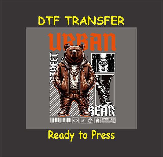 "Urban Bear DTF Transfer featuring a stylish bear in streetwear, perfect for trendy and edgy apparel designs."