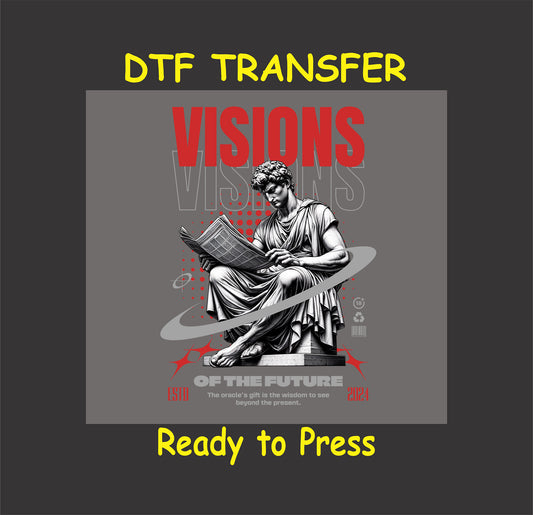 "Visions of the Future DTF Transfer featuring a statue reading a book, with bold red text and futuristic design elements."
