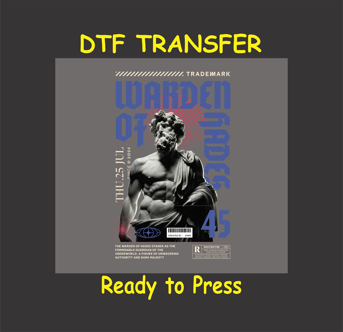 Urban Streetwear DTF Transfer Iron On Heat Transfer - Ready to Press, Warden of Hades Urban Streetwear DTF Design 2615