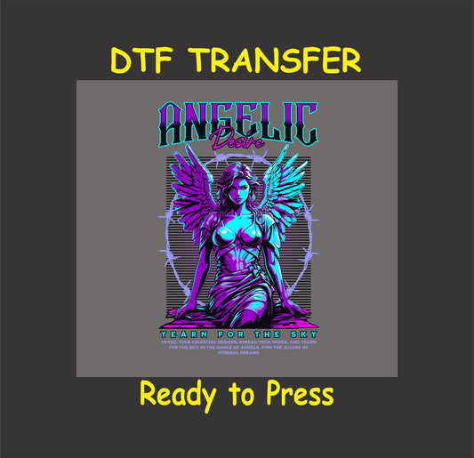 "Angelic Desire DTF Transfer featuring a neon angel with intricate wings and bold text design."
