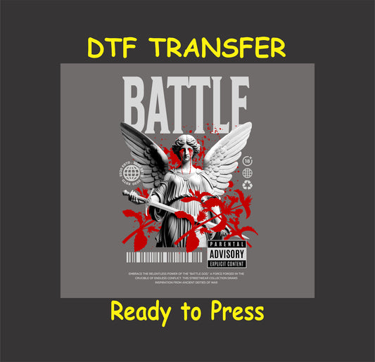 "Battle God DTF Transfer featuring a warrior angel with bold red accents and intricate graphic details."
