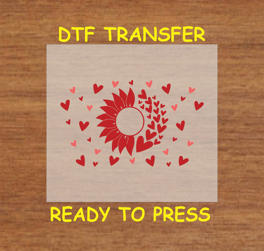 "Red sunflower surrounded by cascading hearts, perfect for crafting heartfelt apparel using a DTF transfer."