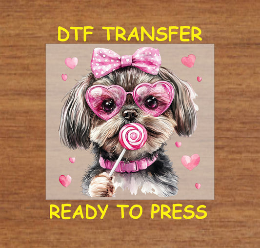 DTF transfer featuring a Shih Tzu with pink heart-shaped glasses, a polka dot bow, and a lollipop surrounded by hearts.
