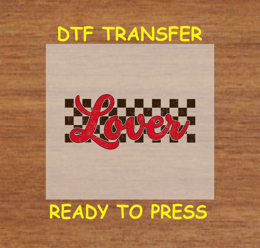 Checkered Valentine's Day DTF transfer with distressed red "Lover" text and a retro aesthetic.