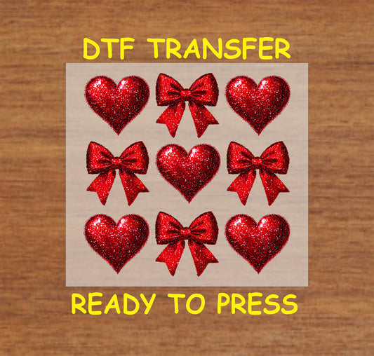 Red glitter hearts and bows DTF transfer with a sparkling finish, perfect for Valentine's Day crafts and apparel.