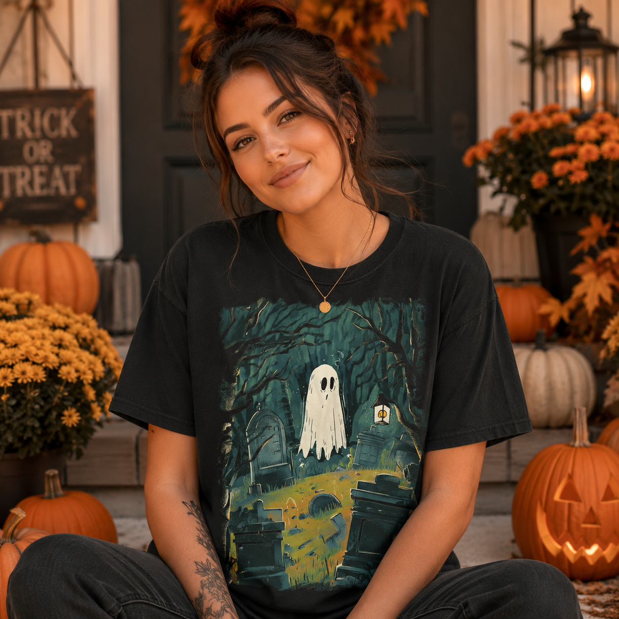 A woman wearing a black graphic t-shirt with a Halloween graveyard design featuring a ghost, sitting in front of a decorated front door with pumpkins and orange flowers.