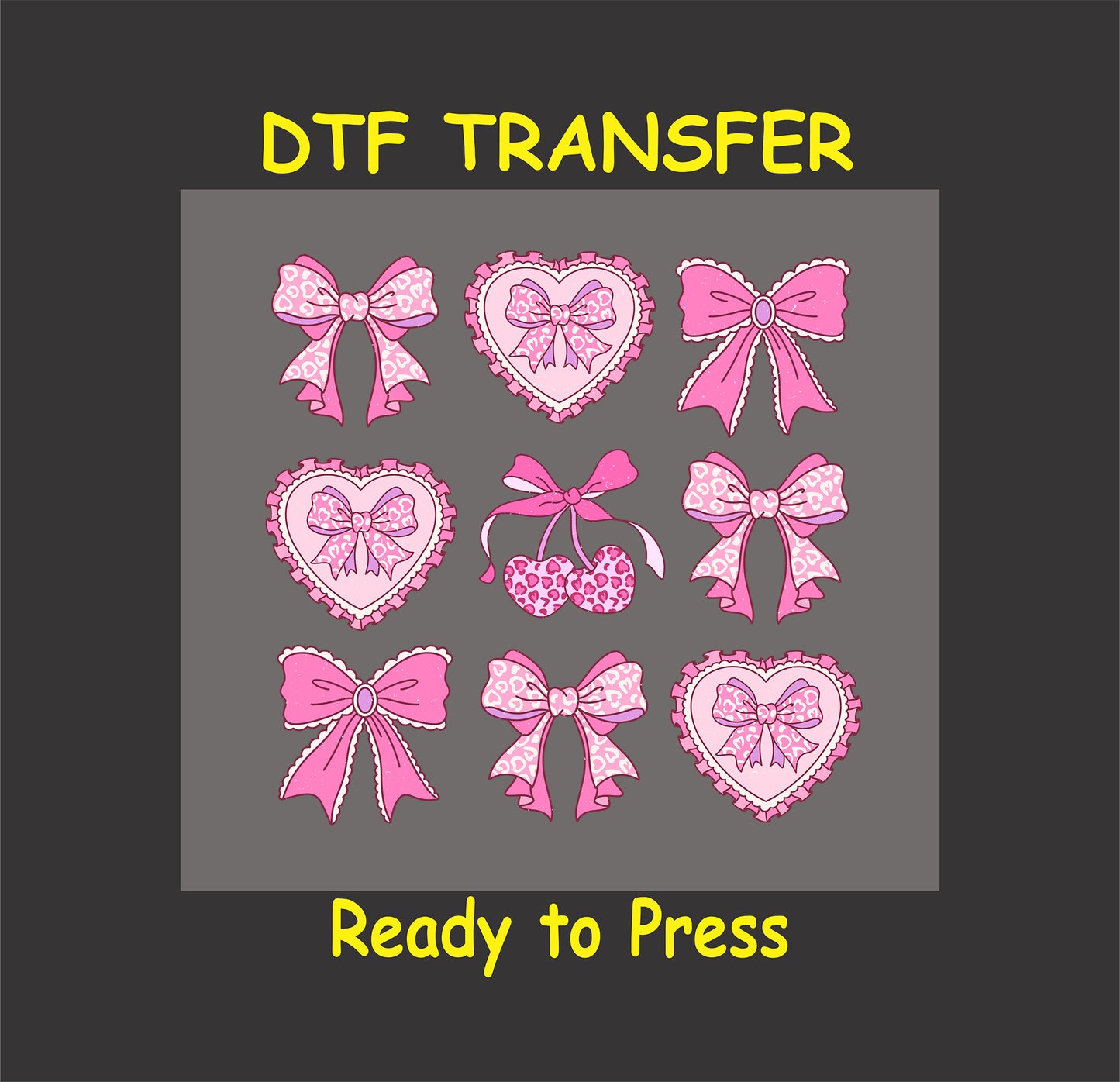 Valentine’s Day DTF transfer featuring pink hearts, bows, and lace accents in a ready-to-press format.
