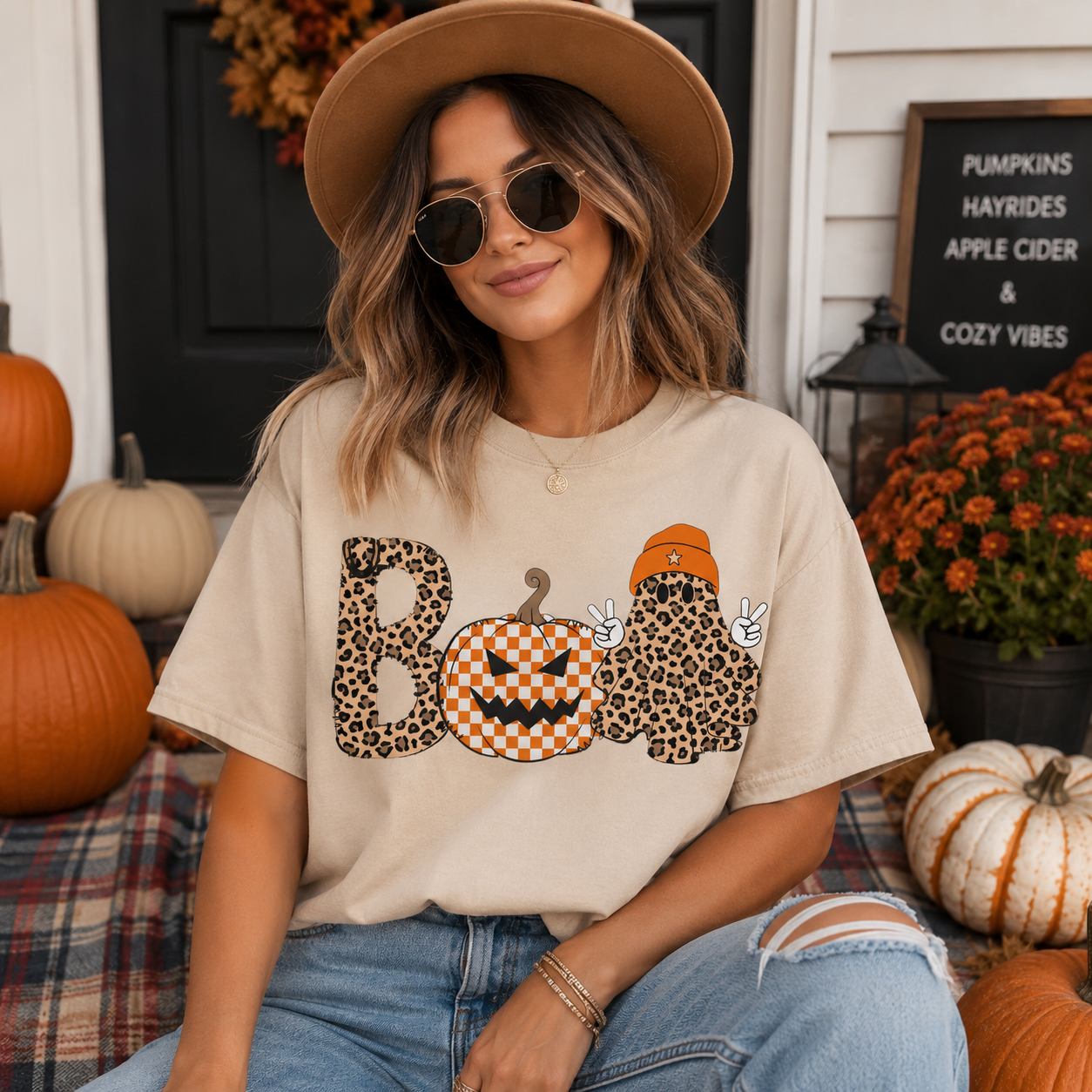 A woman wearing a beige graphic t-shirt with a Halloween 'BOO' design in leopard print and orange-and-white checkered pattern, styled with a tan hat and sunglasses in a fall-themed porch setting.