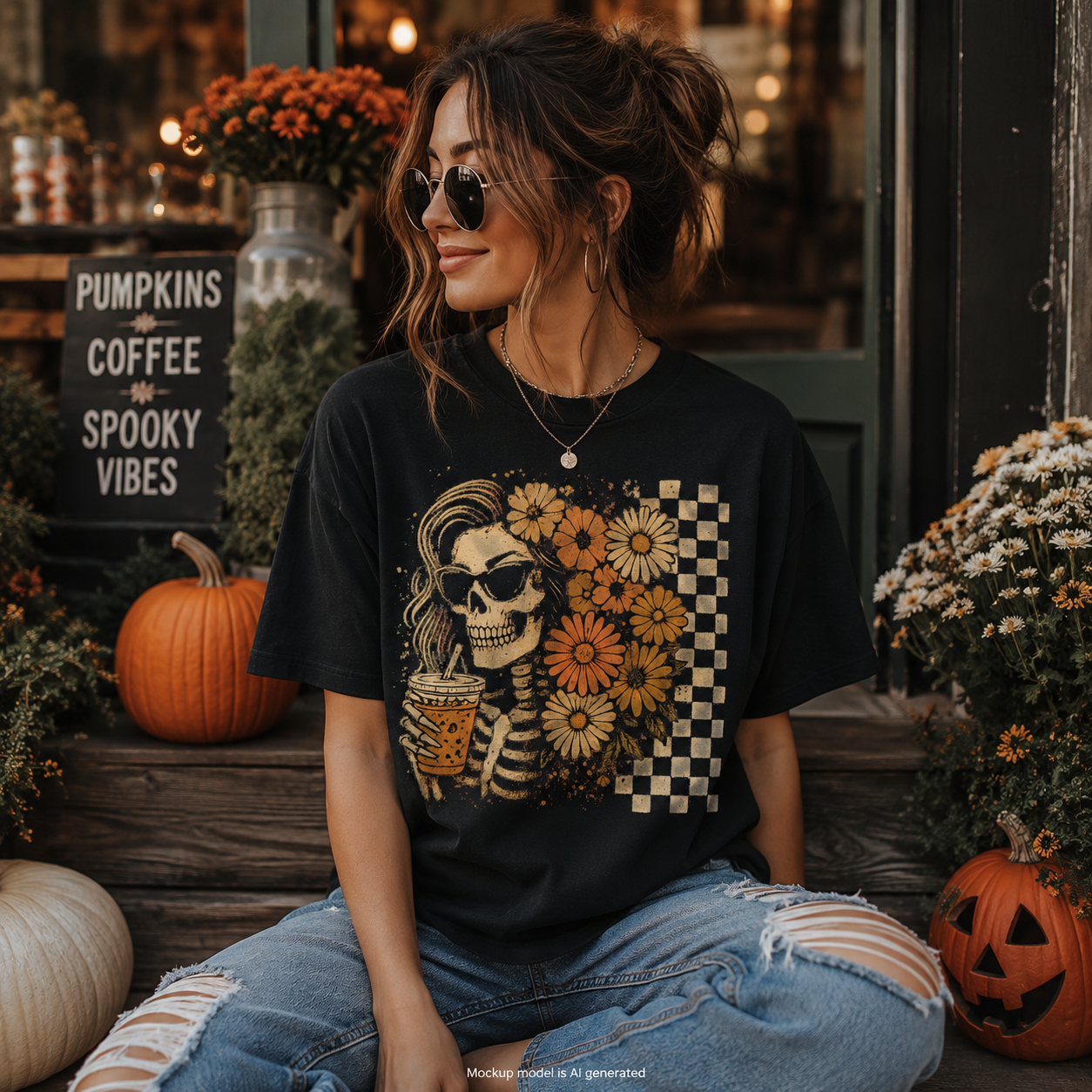 A woman wearing a black graphic t-shirt with a Halloween-themed design featuring a skull, flowers, and a checkered pattern, sitting on wooden steps in a fall-themed outdoor setting.