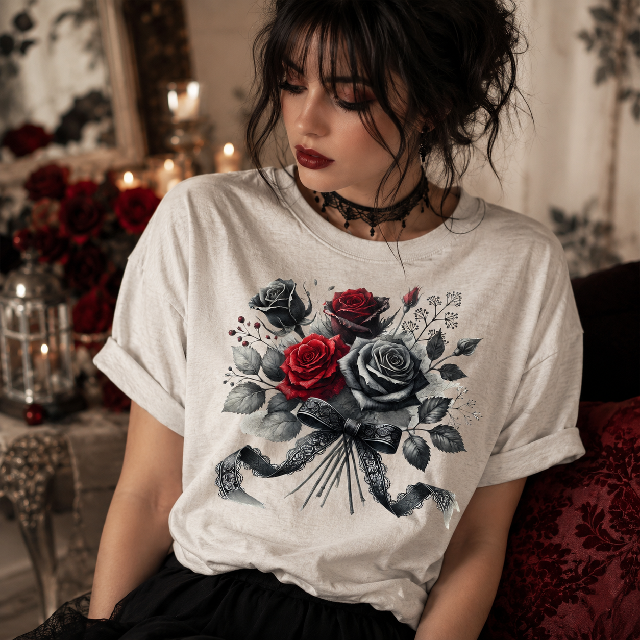 A woman wearing a light gray graphic t-shirt with a detailed print of red and gray roses, set in a cozy, dimly lit room with candles.