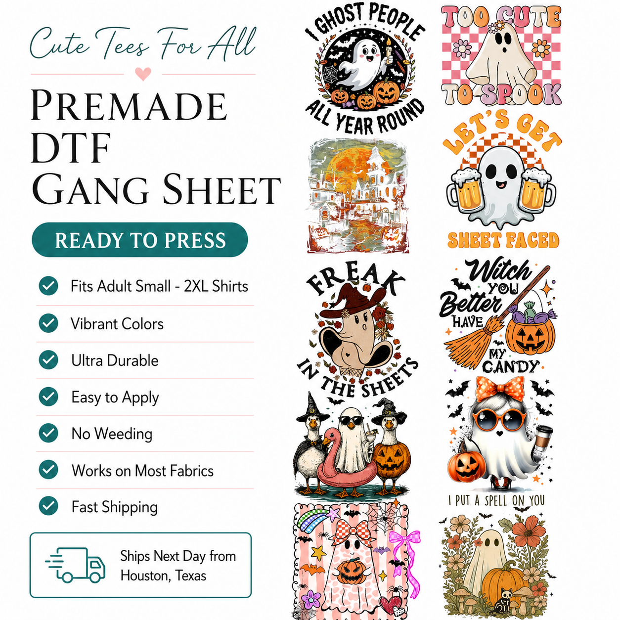 A promotional graphic for a premade DTF gang sheet featuring multiple Halloween-themed graphic designs on a white background, with text listing features such as fit, colors, durability, and shipping details.