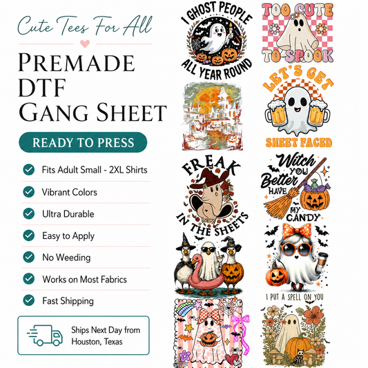 A promotional graphic for a premade DTF gang sheet featuring multiple Halloween-themed graphic designs on a white background, with text listing features such as fit, colors, durability, and shipping details.