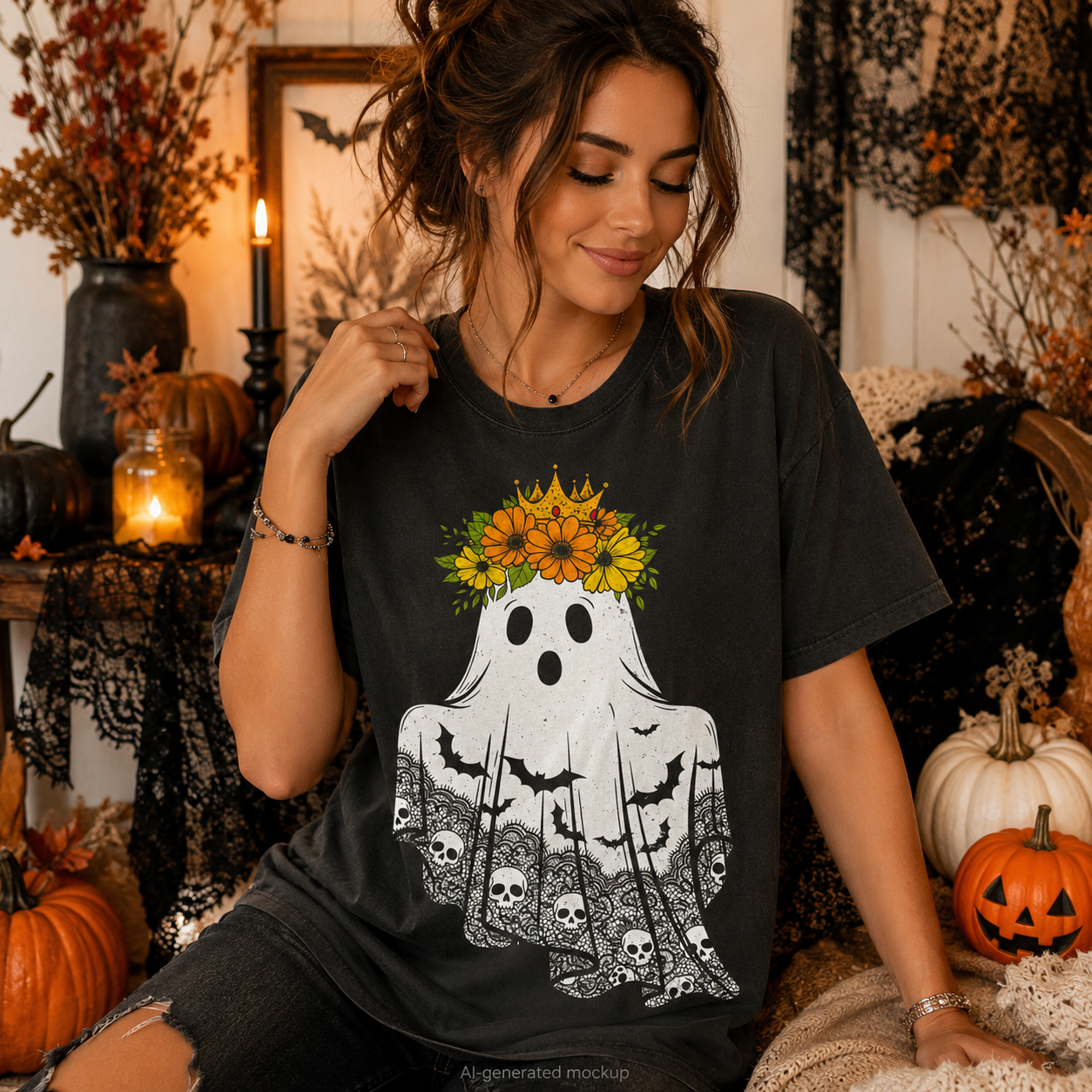 A woman wearing a black graphic t-shirt with a Halloween ghost design, posed in a cozy, decorated autumnal setting with pumpkins and candles.