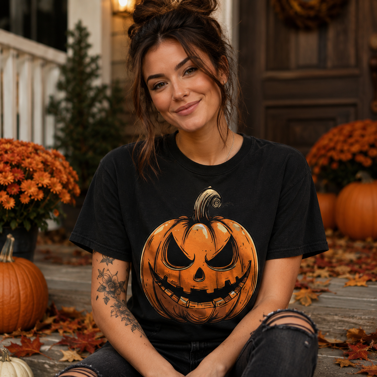 A woman sitting on a porch wearing a black graphic t-shirt with a large orange jack-o'-lantern print. The background features autumn decorations including orange pumpkins, mums, and fallen leaves.