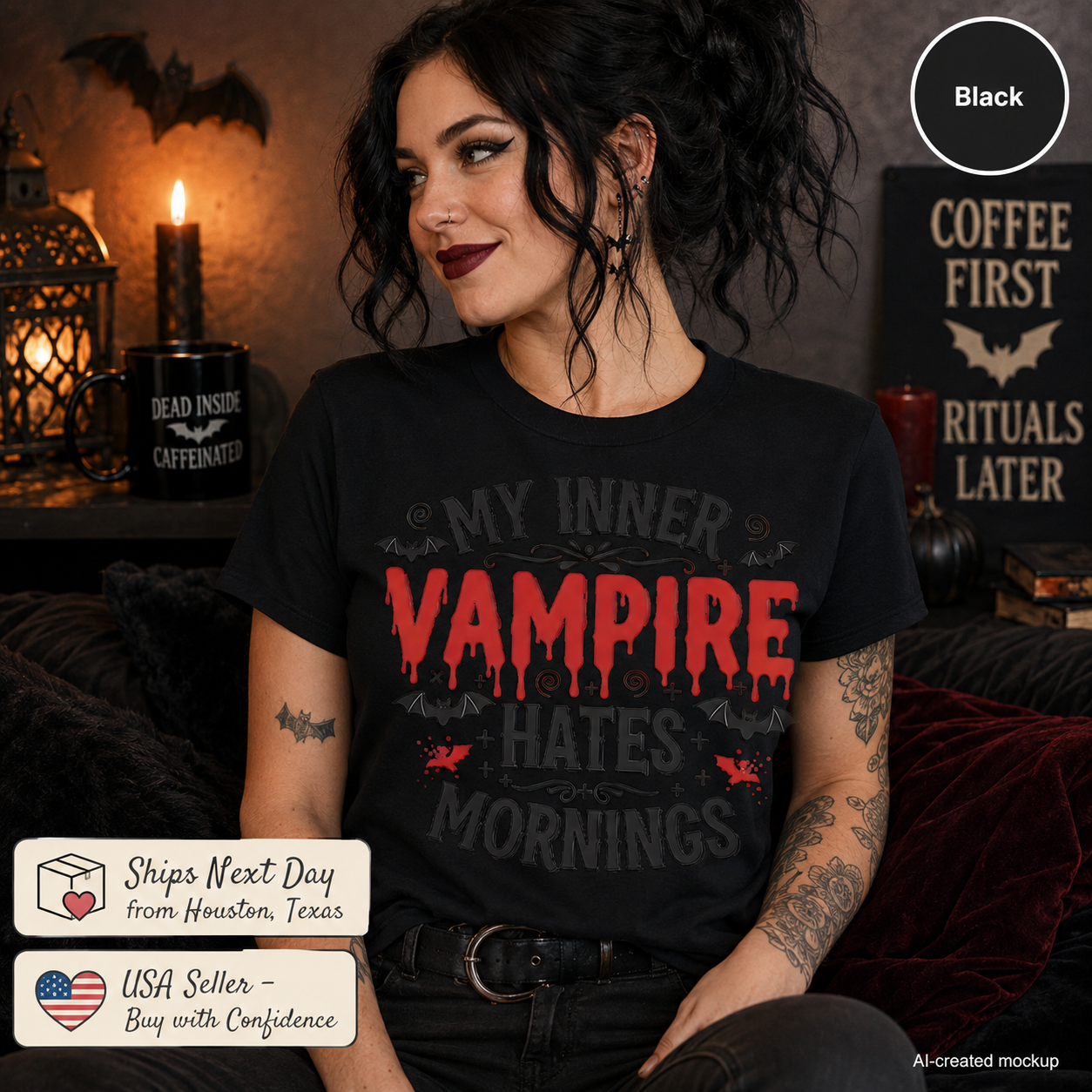A woman wearing a black graphic t-shirt with a gothic vampire design. The shirt features the text 'MY INNER VAMPIRE HATES MORNINGS' in red and gray, with small bat silhouettes.