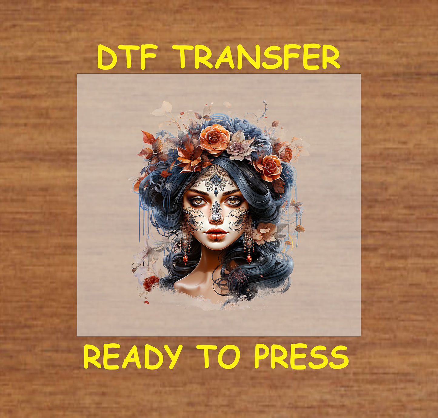 "La Catrina DTF Transfer with intricate sugar skull design and autumn floral crown for Día de los Muertos apparel."