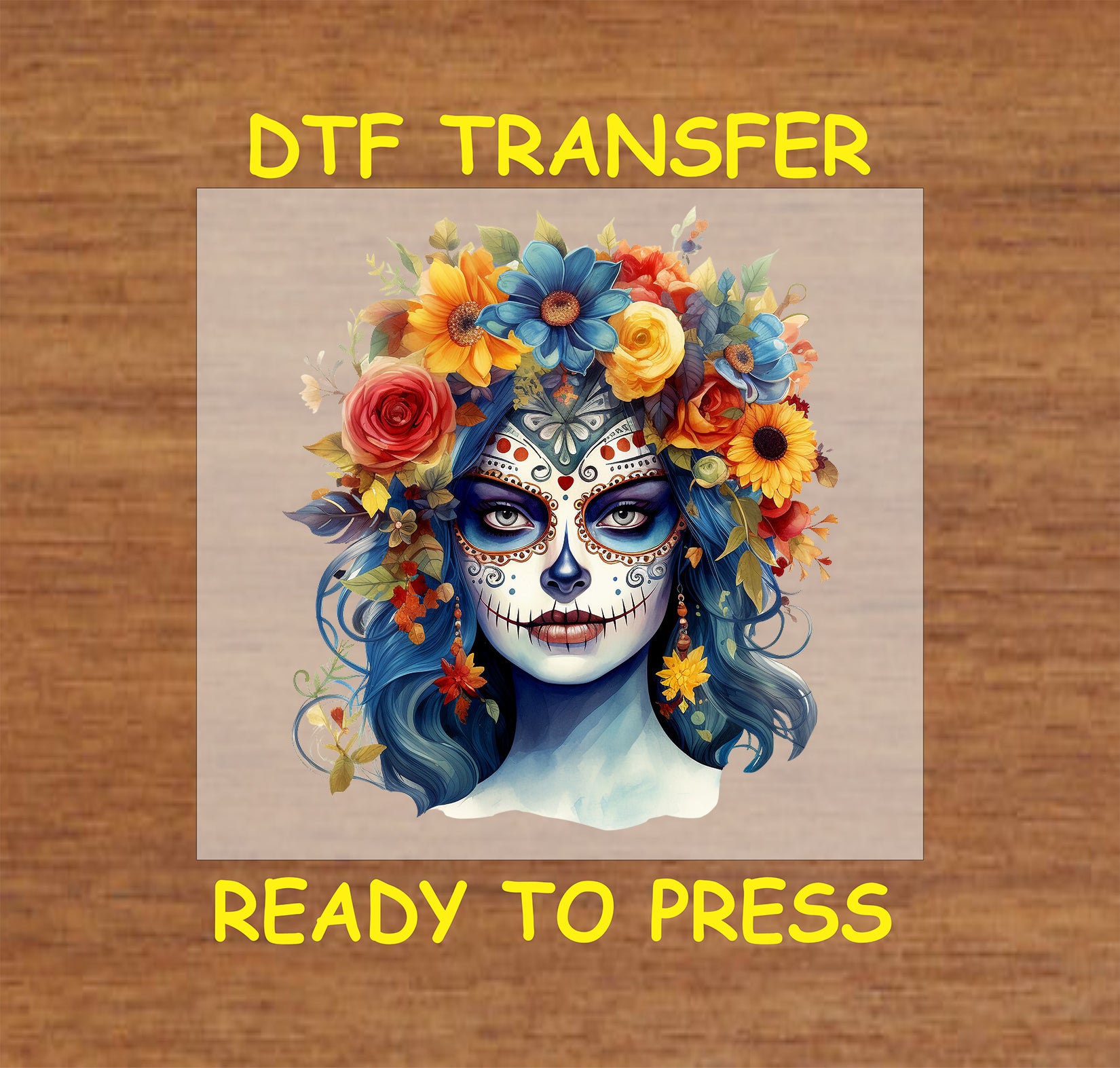 "Vivid Blue La Catrina DTF Transfer with a colorful floral crown, perfect for Día de los Muertos designs."