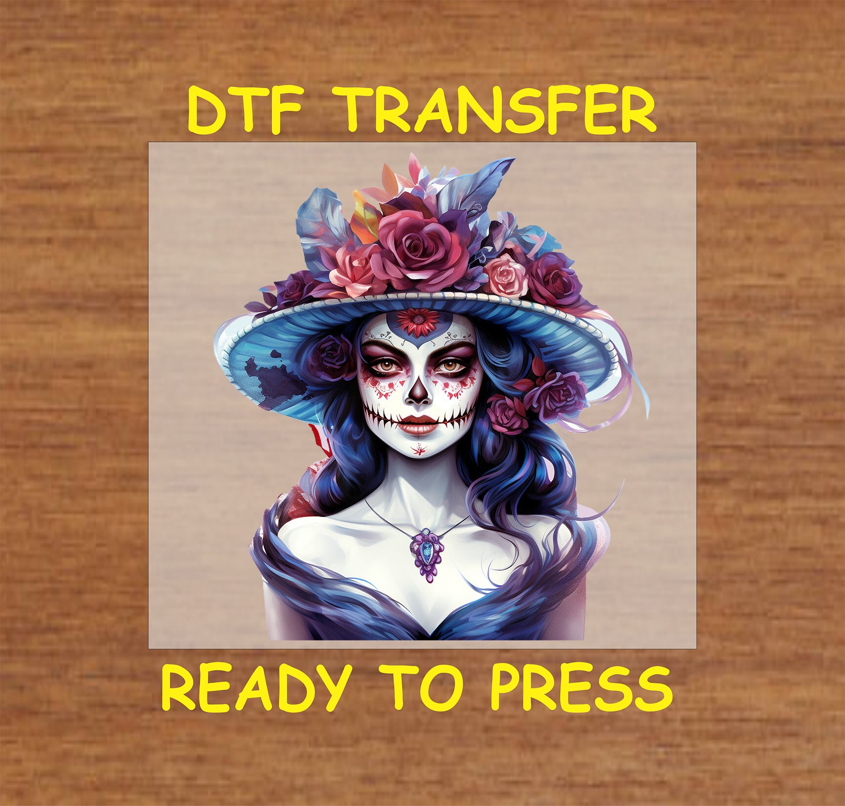 "Elegant La Catrina DTF Transfer with floral hat, ideal for Día de los Muertos apparel and designs."