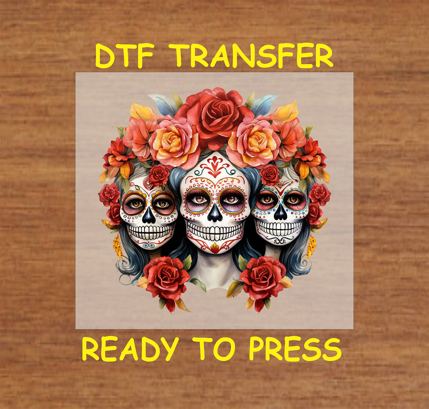 "Triple sugar skull La Catrina DTF Transfer for Day of the Dead celebrations with colorful roses and intricate details."