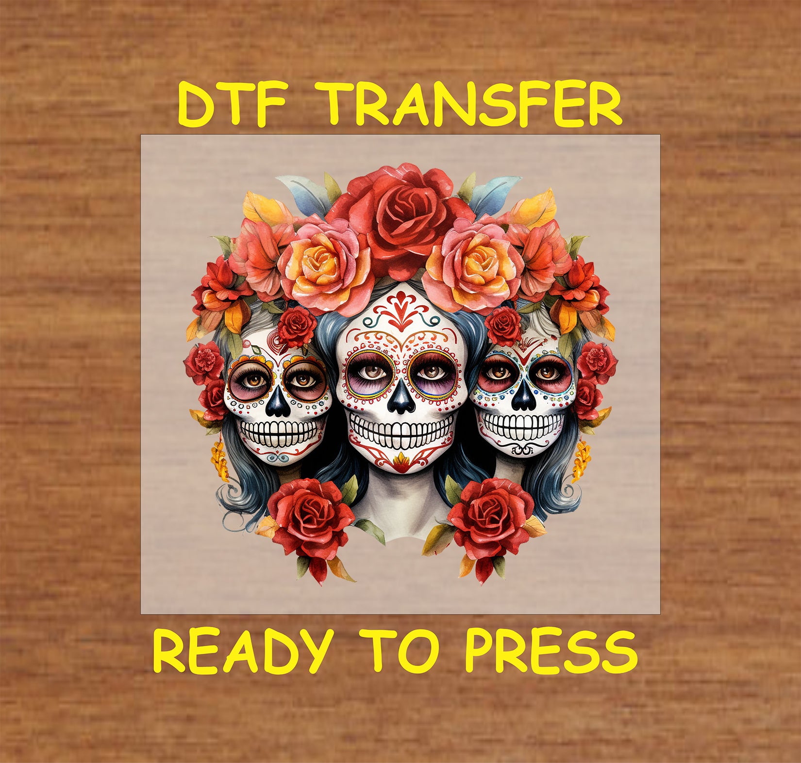 "Triple sugar skull La Catrina DTF Transfer for Day of the Dead celebrations with colorful roses and intricate details."