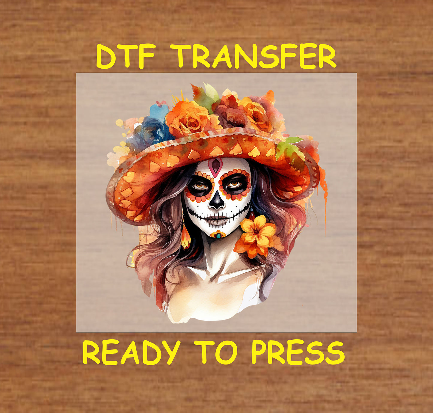 Vibrant Catrina DTF transfer with floral headpiece, colorful details, and Día de los Muertos-inspired design.