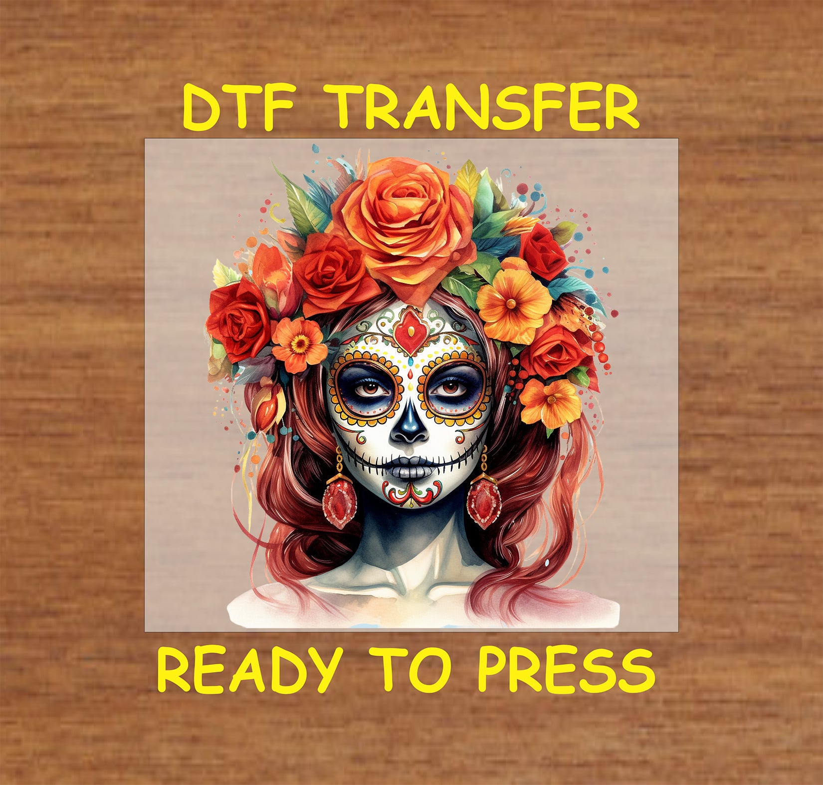 Vibrant Floral Catrina DTF transfer featuring a bold floral headpiece, intricate face paint, and Día de los Muertos design.