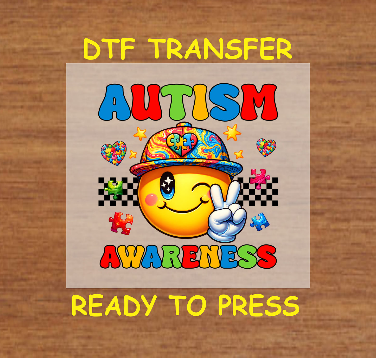 Smiley Face Autism Awareness DTF transfer featuring a puzzle-patterned cap, colorful puzzle pieces, and bold text.