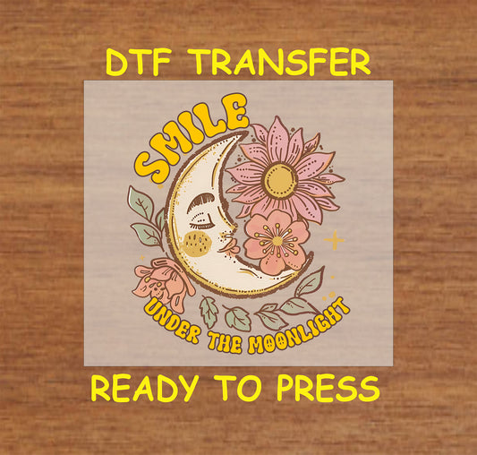 Retro Boho DTF Transfer Iron On Heat Transfer - Ready to Press, "Smile Under the Moonlight" Boho Design 3115