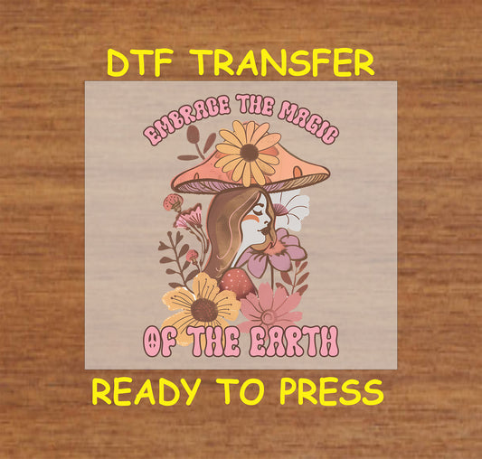 "Embrace the Magic of the Earth DTF transfer featuring a woman, flowers, and mushrooms, ready to press."