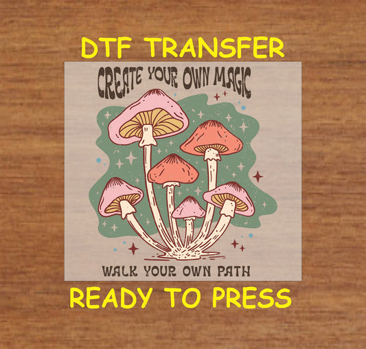 "Create Your Own Magic DTF transfer with mushrooms and boho design, ready to press."