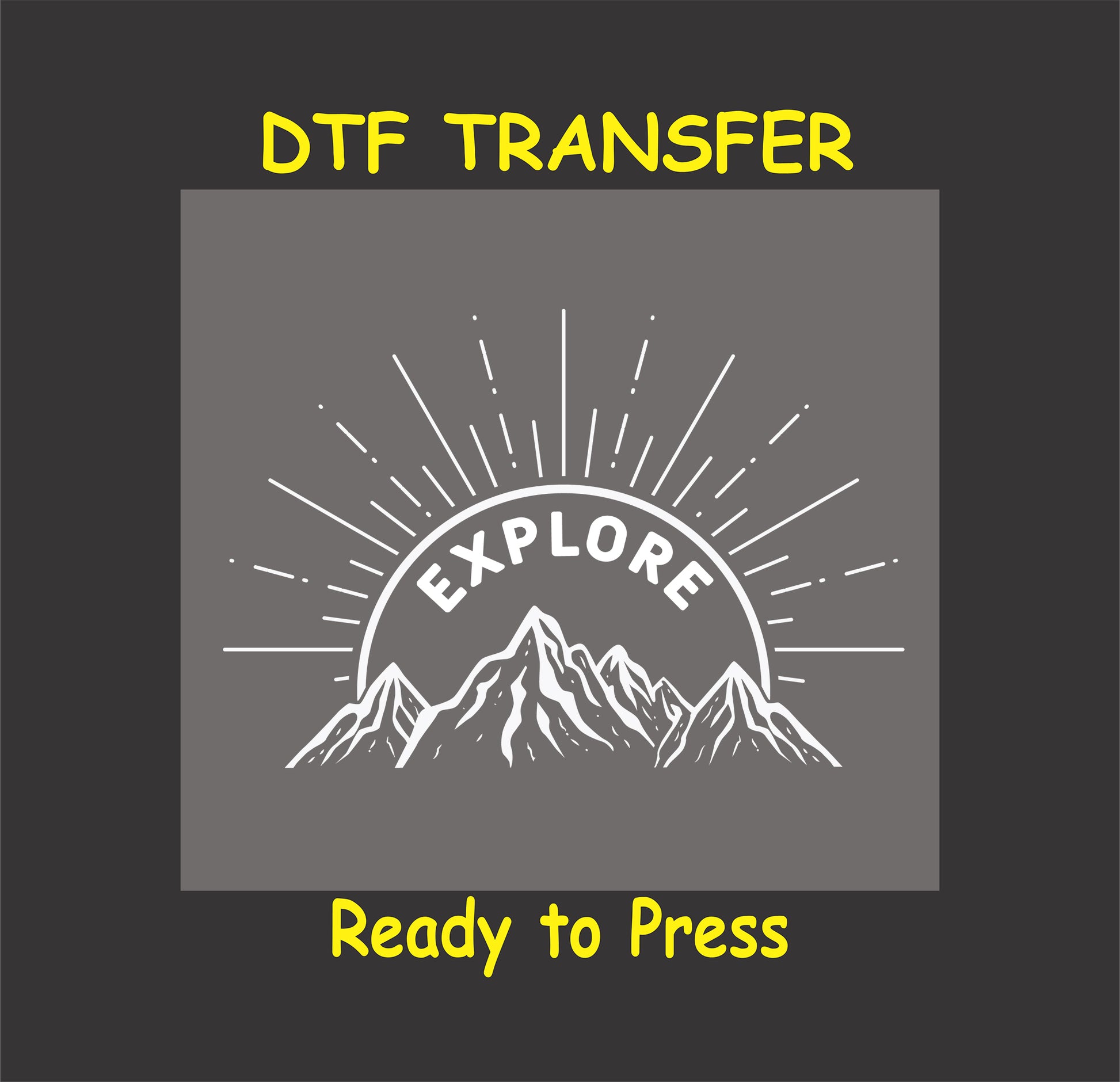 "Explore DTF transfer with mountain and sunburst design, ready to press."