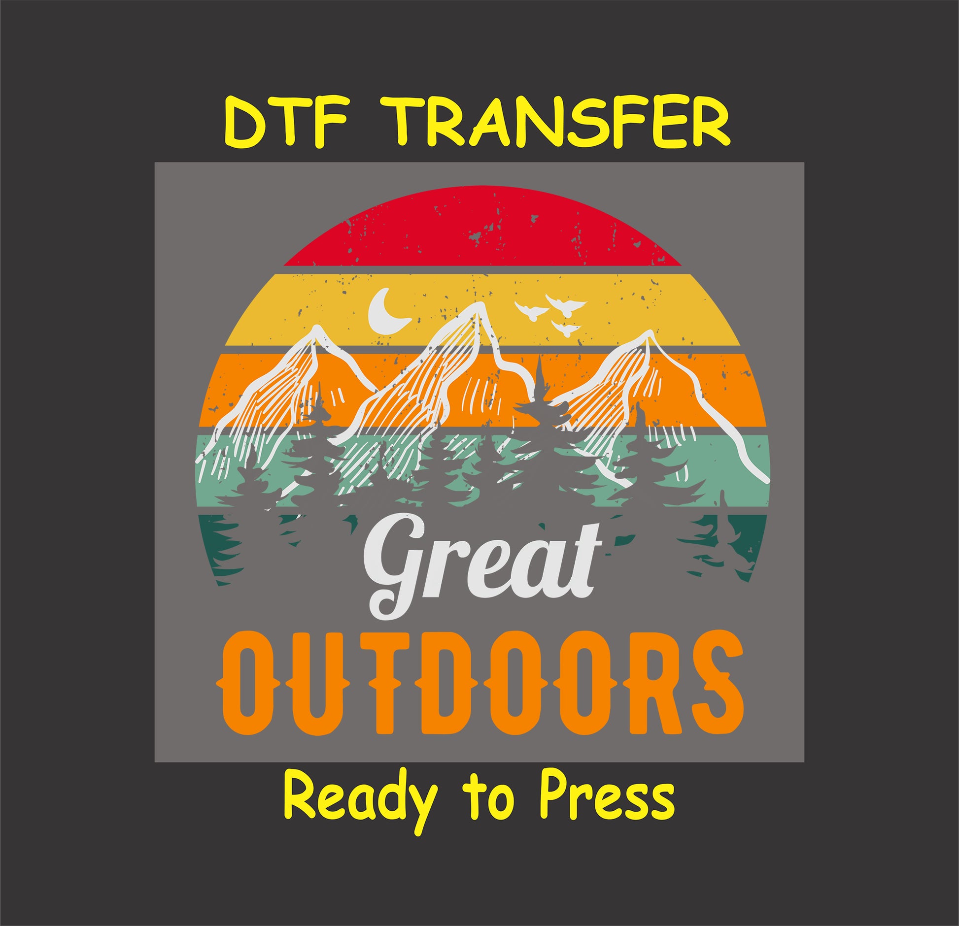 "Great Outdoors retro DTF transfer with mountain and sunset design, ready to press."