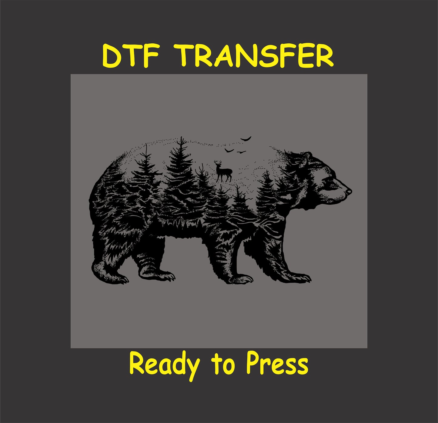 "Forest Bear Silhouette DTF transfer with trees, a deer, and a moon, ready to press."