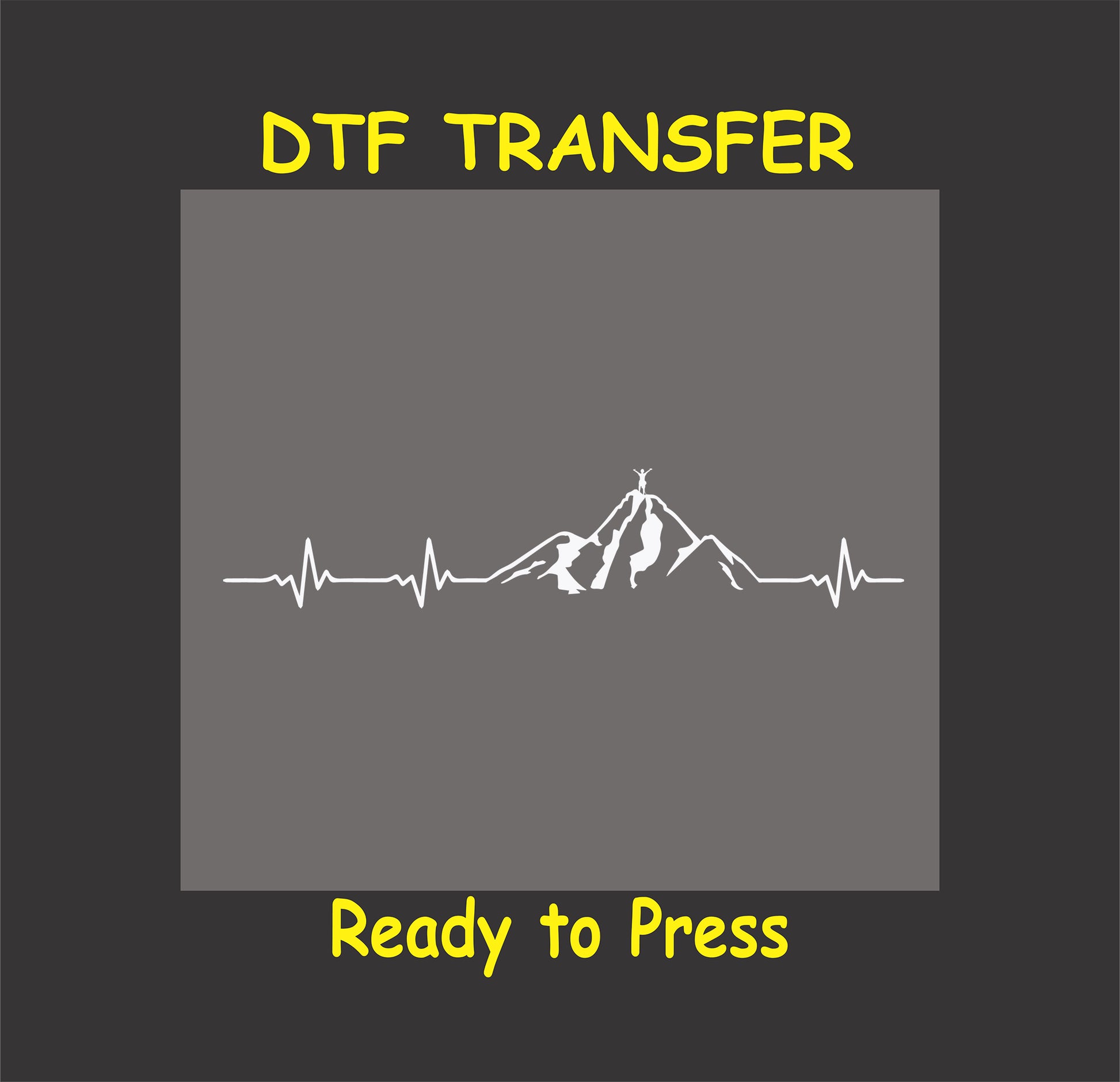 "Mountain heartbeat DTF transfer with a heartbeat line forming a mountain peak, ready to press."