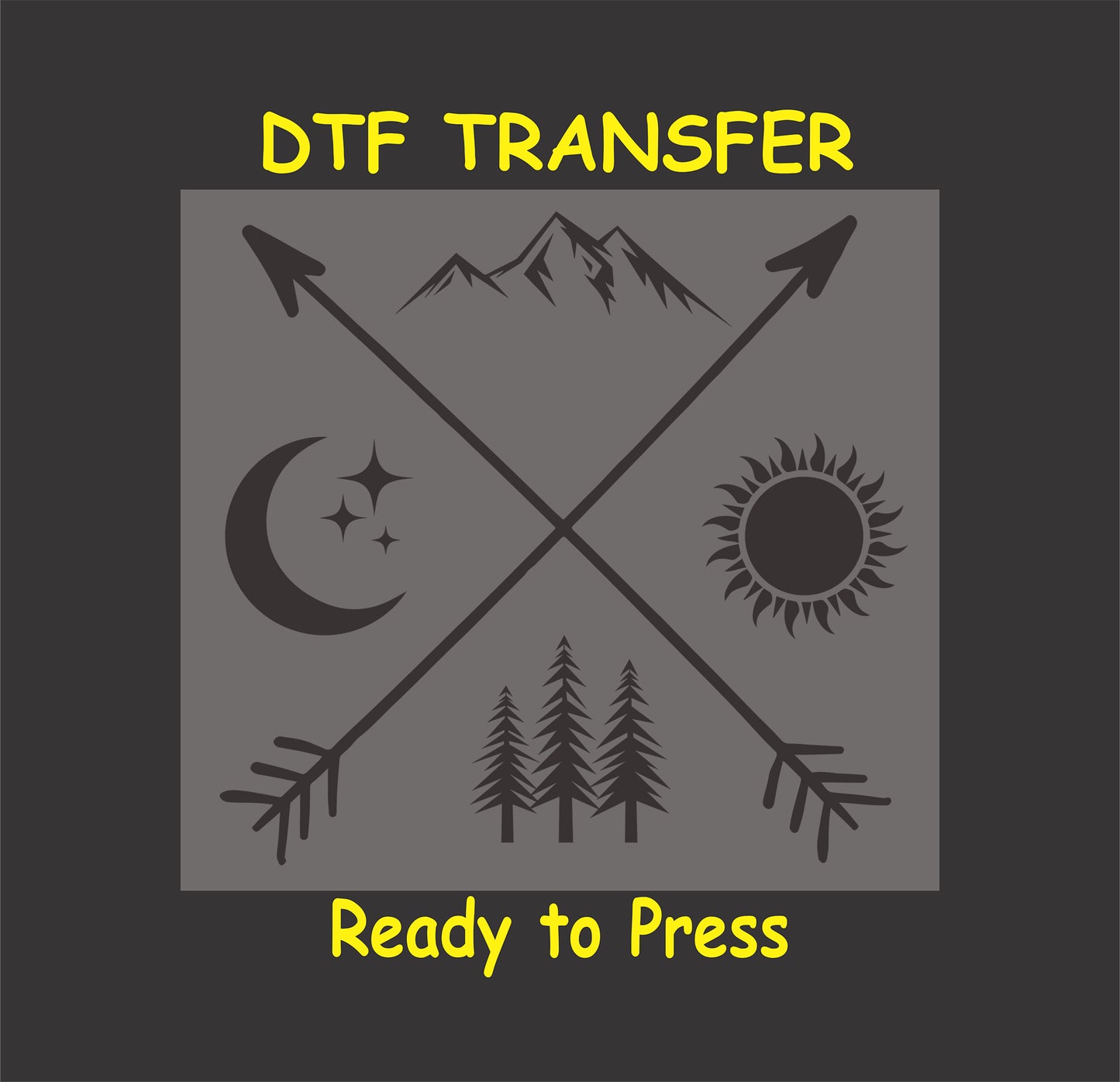 "DTF transfer design with crossed arrows, mountains, sun, moon, and pine trees, ready to press."