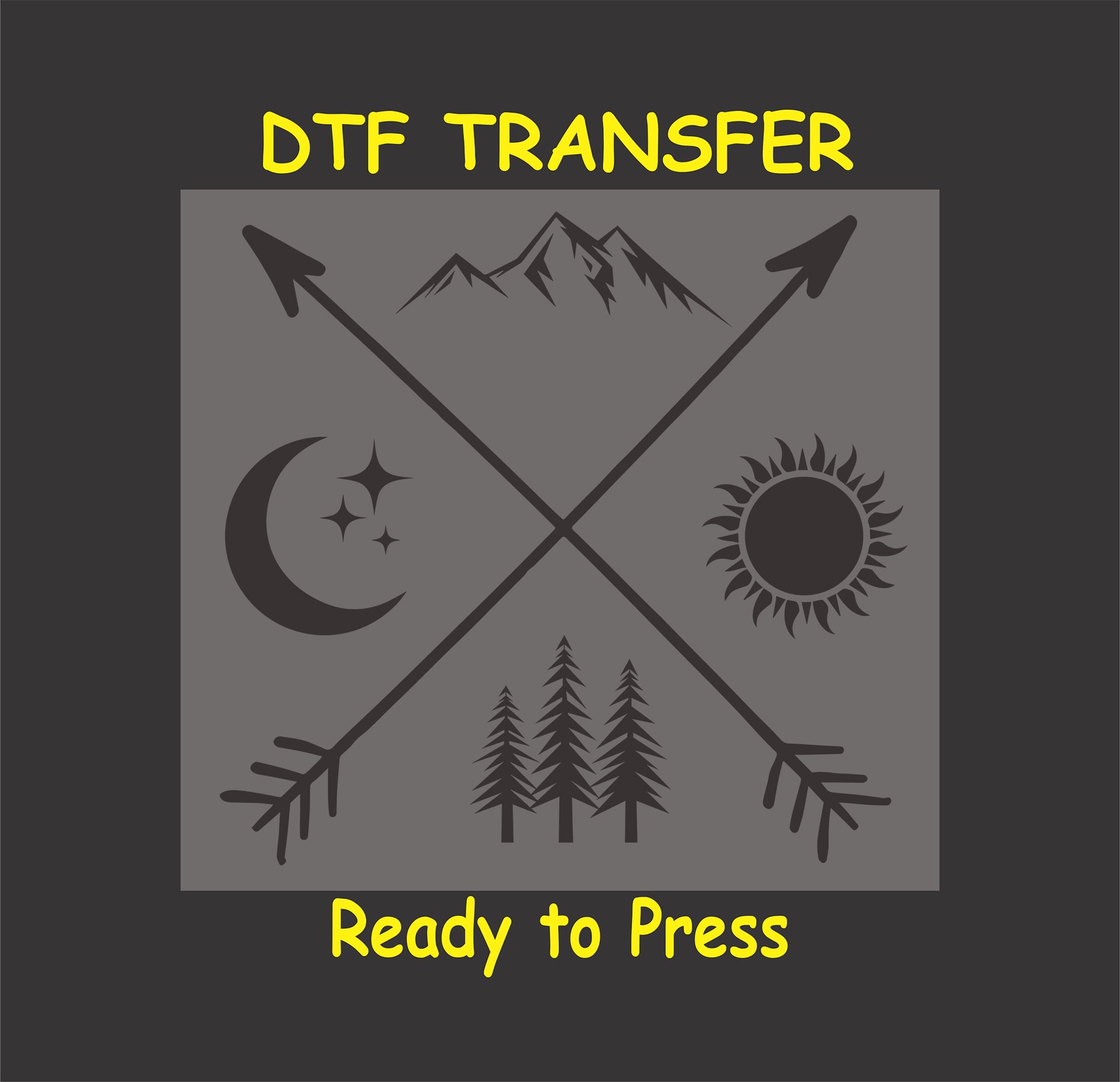 "DTF transfer design with crossed arrows, mountains, sun, moon, and pine trees, ready to press."