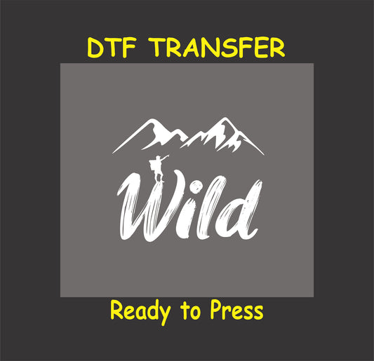 "Wild DTF transfer with mountain peaks and hiker silhouette, ready to press for outdoor adventure shirts."