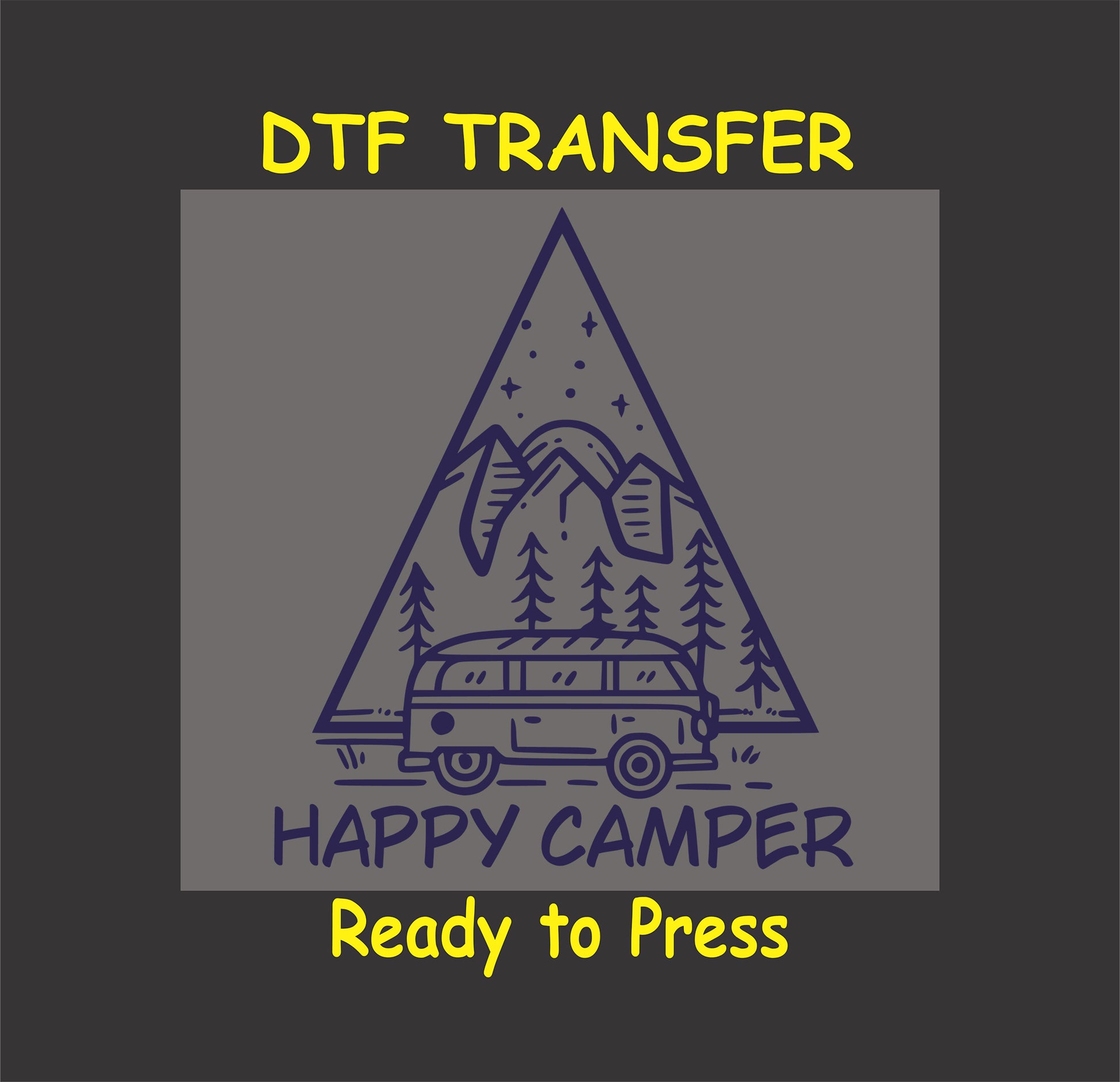 "DTF transfer design with a retro van, mountains, and pine trees, saying 'Happy Camper,' ideal for camping apparel."