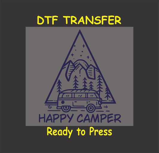 "DTF transfer design with a retro van, mountains, and pine trees, saying 'Happy Camper,' ideal for camping apparel."