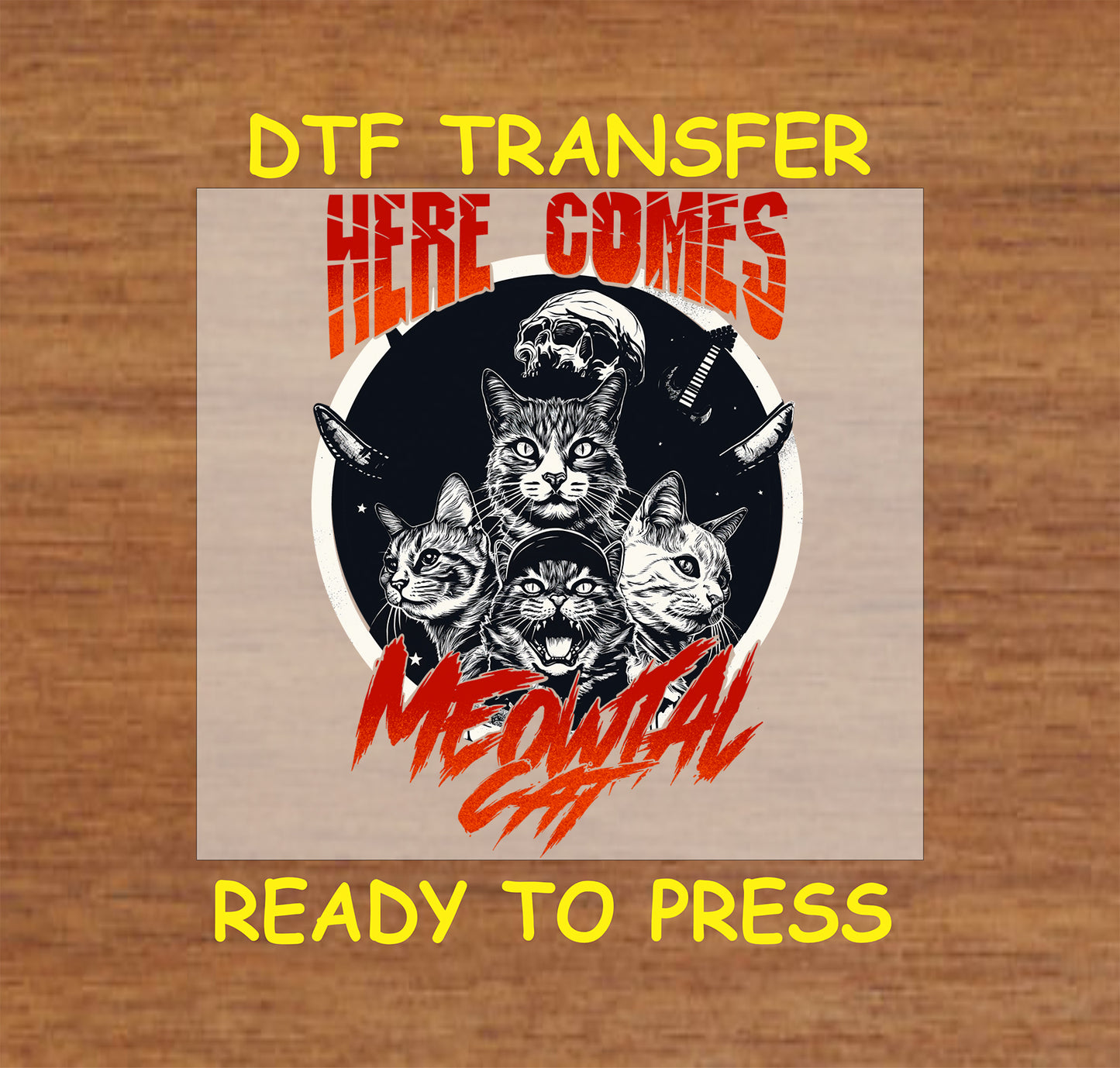 "Here Comes Meowtal DTF Transfer featuring a metal-themed cat design with bold red and black colors."