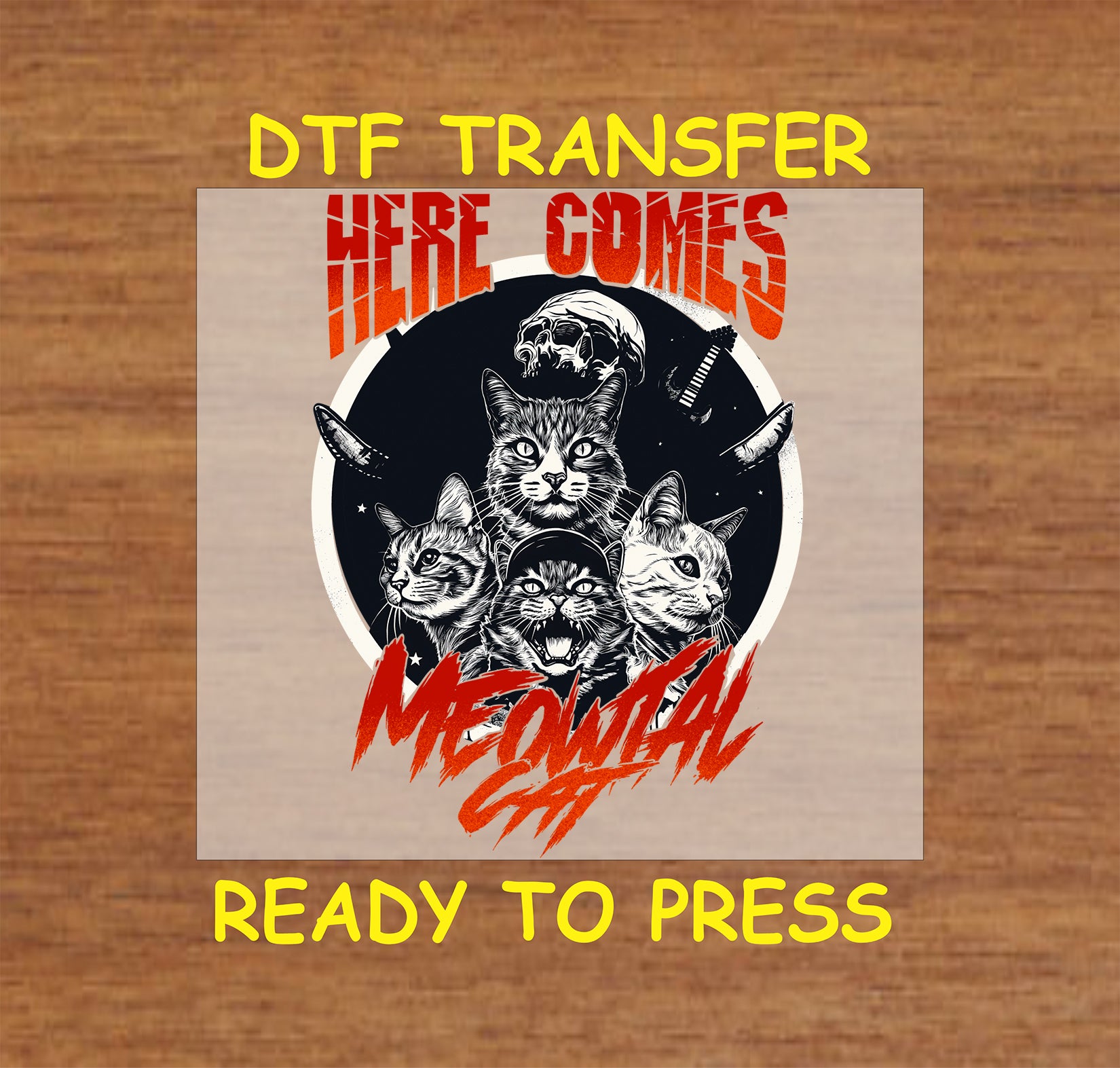 "Here Comes Meowtal DTF Transfer featuring a metal-themed cat design with bold red and black colors."