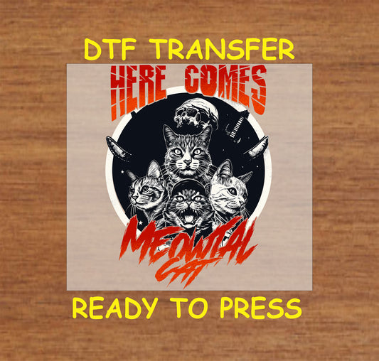 "Here Comes Meowtal DTF Transfer featuring a metal-themed cat design with bold red and black colors."