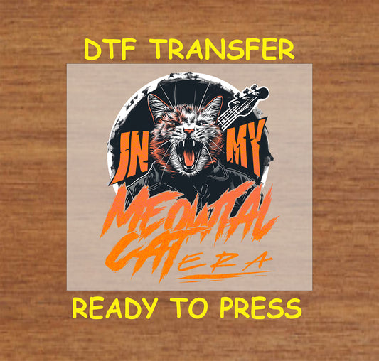 "In My Meowtal Cat Era DTF Transfer with roaring cat and guitar in bold orange and black design."