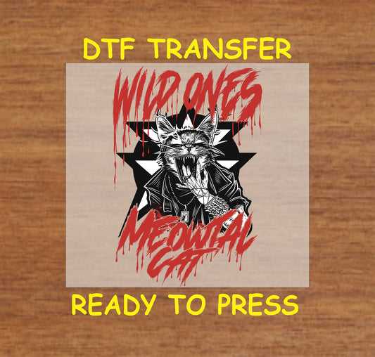 "Wild Ones Meowtal Cat DTF Transfer featuring a roaring cat in a leather jacket with dripping red text."