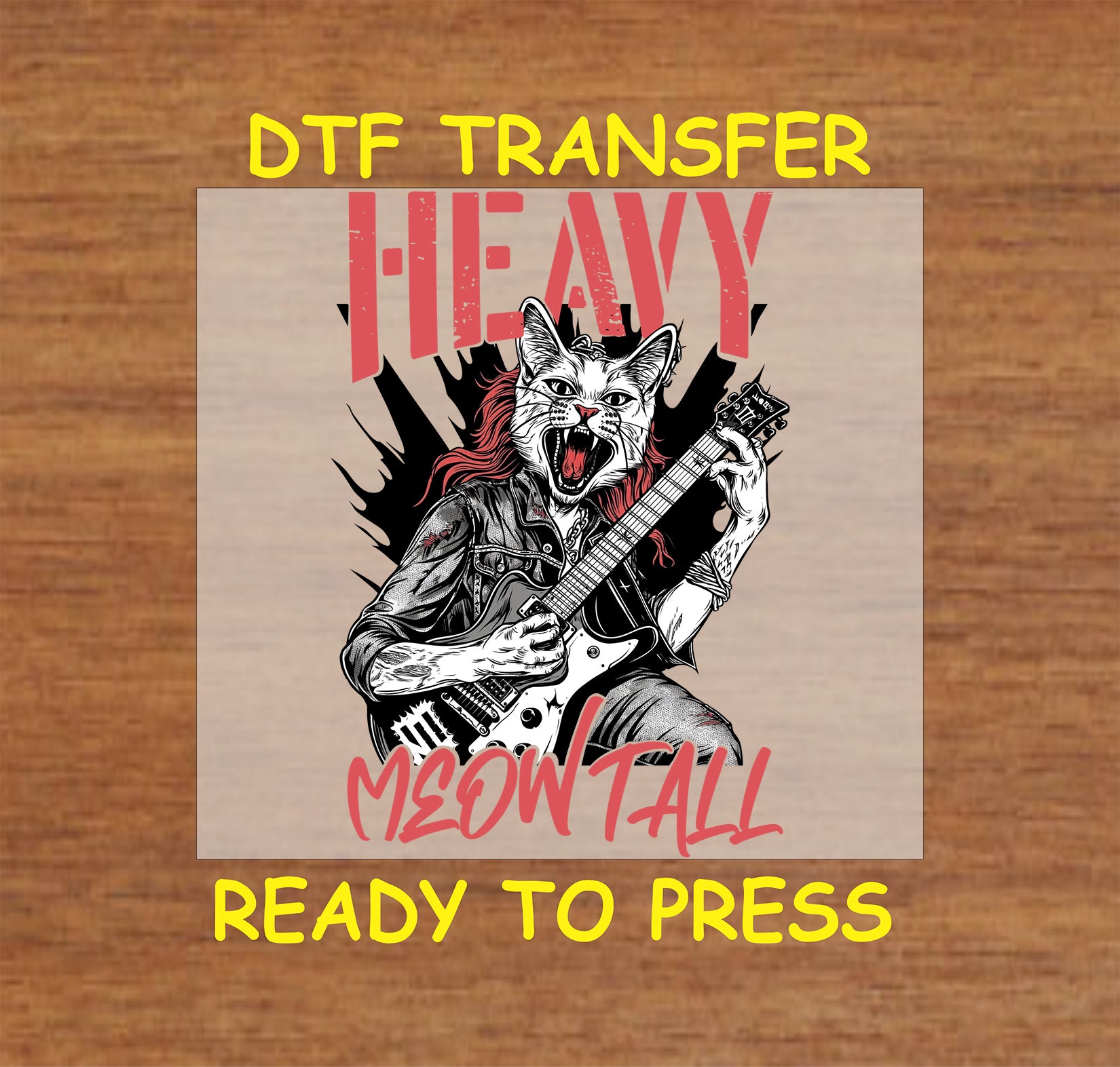Heavy Meowtal DTF Transfer featuring a guitar-playing cat in a bold rock-inspired design with red and black accents