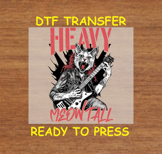 Heavy Meowtal DTF Transfer featuring a guitar-playing cat in a bold rock-inspired design with red and black accents