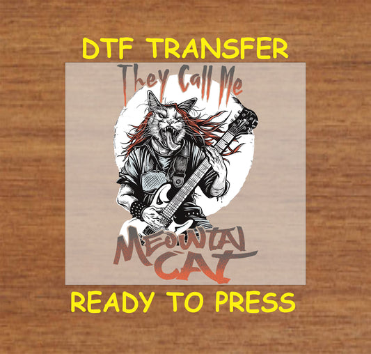 "DTF Transfer design featuring a guitar-playing cat with wild red hair and bold 'They Call Me Meowtal Cat' text."